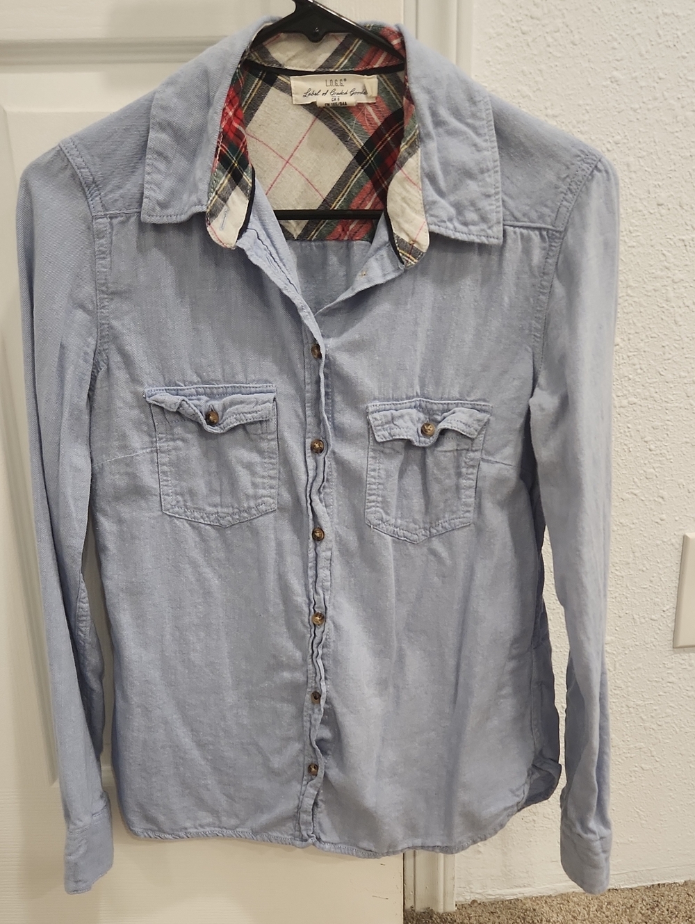 H&M Light Blue Button-Down Shirt with Plaid Trim